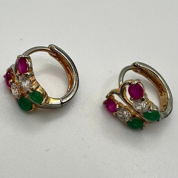 Vintage solid 9kt gold red lab ruby clear green cubic zirconia hoop earrings - Picture 9 of 10